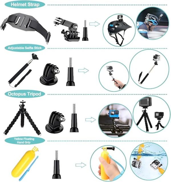 Appolab 61 in 1 Action Camera Accessories Kit for AKASO EK7000 GoPro Hero 11 10 9 8 7 6 5 4 Hero Session Gopro Max Insta360 Xiaomi Yi DJI AKASO Campark Action Camera - Image 3