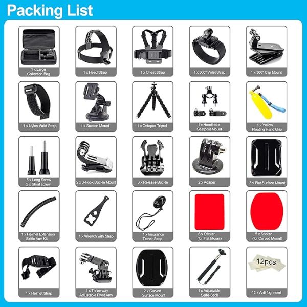 Appolab 61 in 1 Action Camera Accessories Kit for AKASO EK7000 GoPro Hero 11 10 9 8 7 6 5 4 Hero Session Gopro Max Insta360 Xiaomi Yi DJI AKASO Campark Action Camera - Image 4